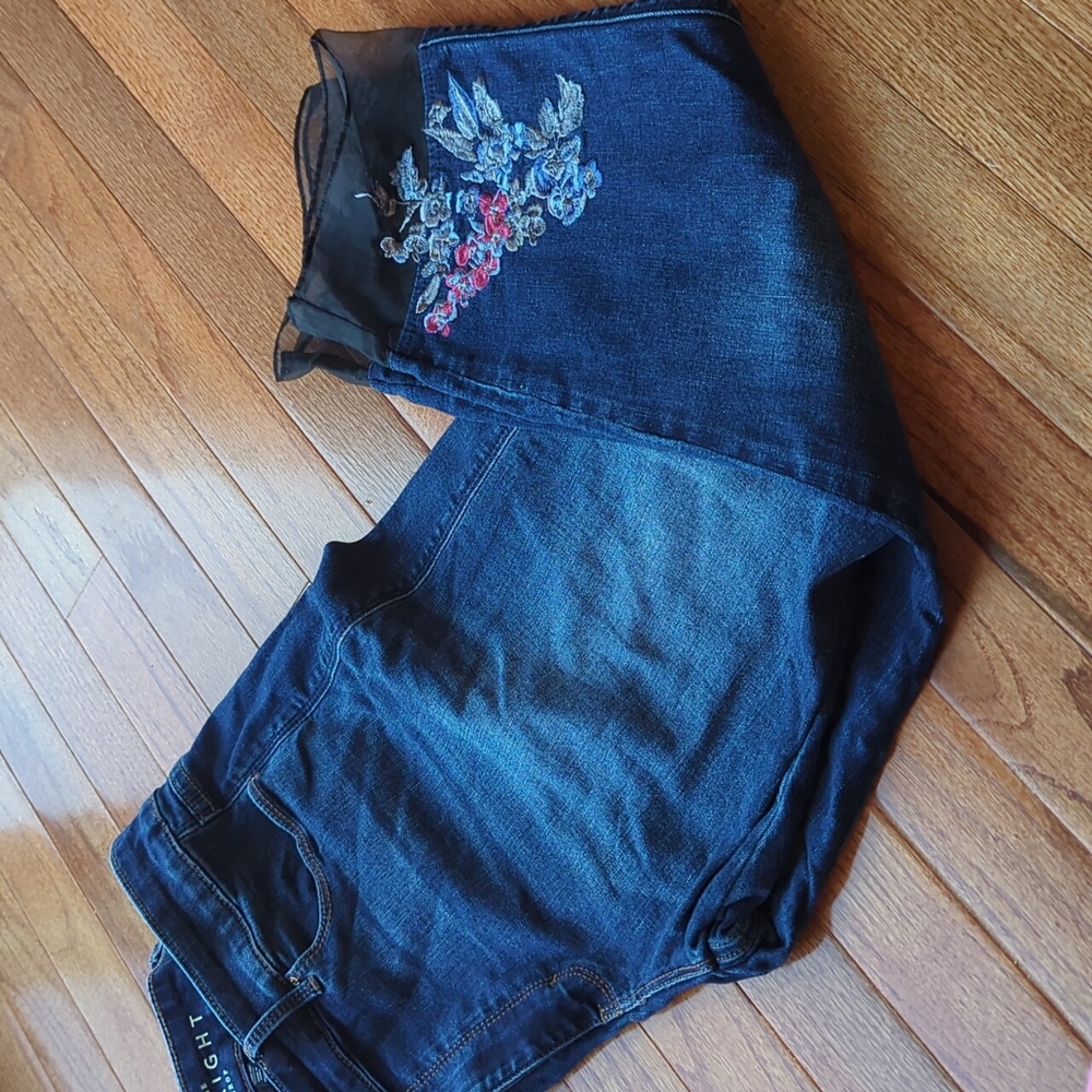 White House Black Market Straight Crop Dark Blue Jeans with Floral Embroidery